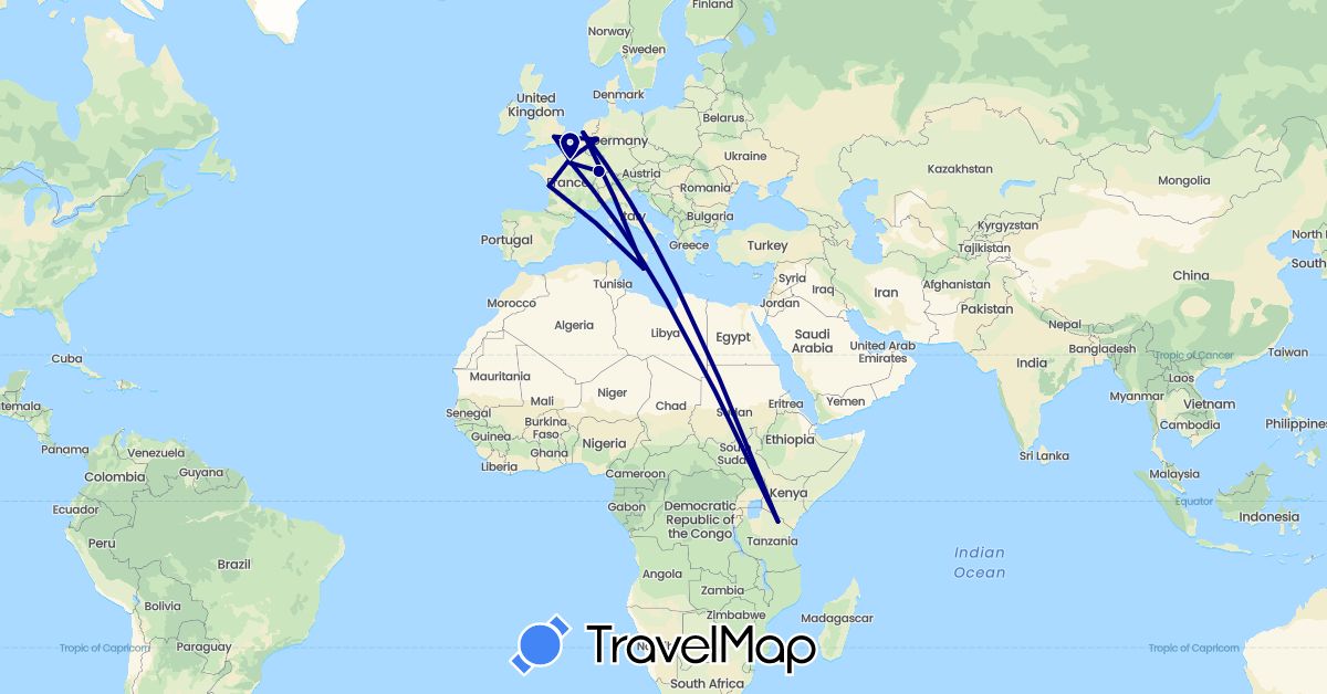 TravelMap itinerary: driving in Germany, France, United Kingdom, Malta, Netherlands, Tanzania (Africa, Europe)
